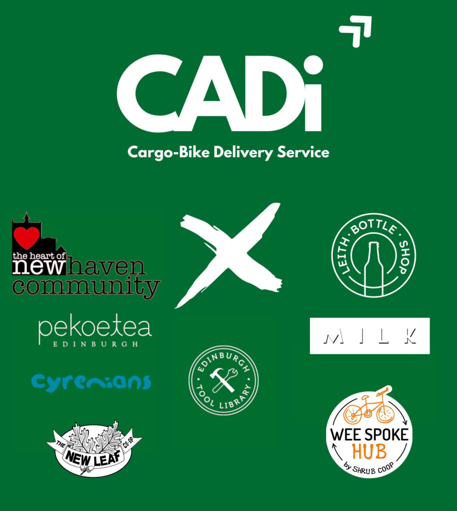 A collation of the logos of some Cadi Customers, with the title CADi Cargo-Bike Delivery Service. The logos shown are for The Heart of Newhaven Community, PekoeTea, Cyrenians, New Leaf Coop, Edinburgh Tool Library, Leith Bottle Shop, Milk Catering and Wee Spoke Hub.
