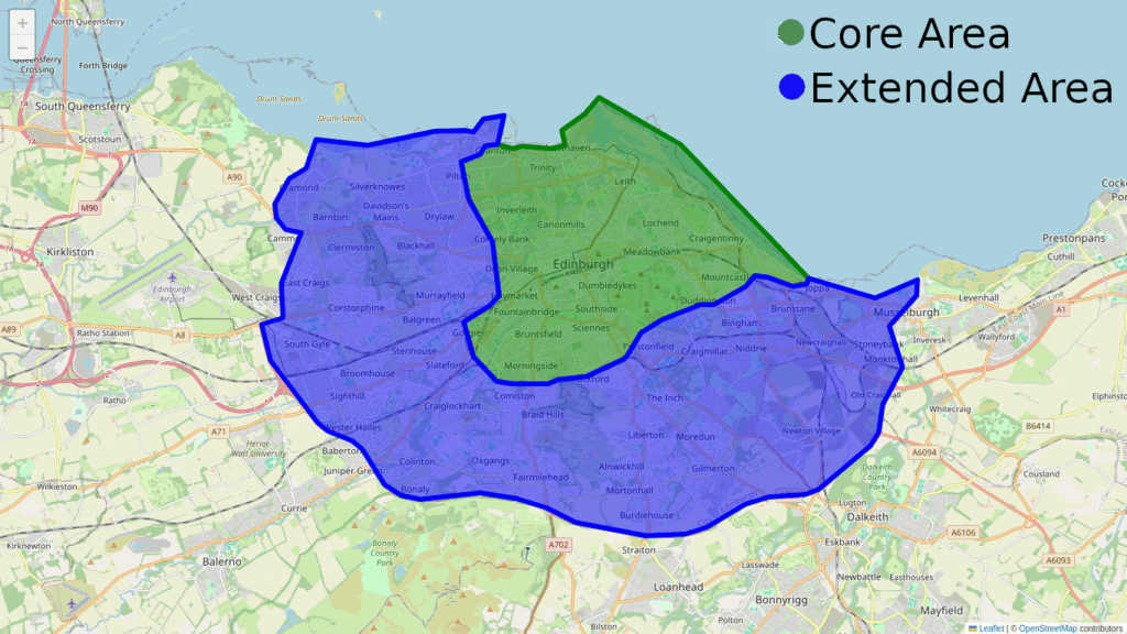 Map of Edinburgh showing delivery areas. Green core delivery area covers the New and Old Towns, Leith, Newhaven, Trinity, Granton, Inverleith, Cannonmills, Dean Village, Haymarket, Bruntsfield, Morningside, Sciennes, Southside, Dumbiedykes, part of Duddingston, Portobello, Craigentinny, and Lochend. The blue extended area covers the rest of Edinburgh up to the bypass to the west and south, and Musselburgh to the east.