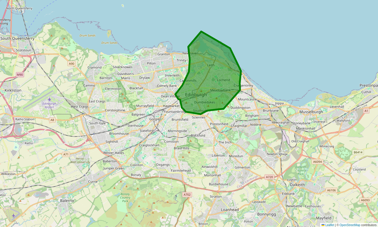Map of Edinburgh showing the delivery area for ELoT and ETL Meadowbank branch with a green coloured area. The indicated area covers the Old and New Towns, Southside, Dumbiedykes, Leith, Newhaven, Lochend and Meadowbank. Map produced using Leaflet and Open Street Maps.