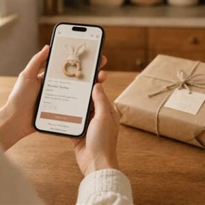 A parcel wrapped in brown paper and tied with string on a coffee table. A phone screen showing order details is visible, held in the hands of a person sitting just out of view.