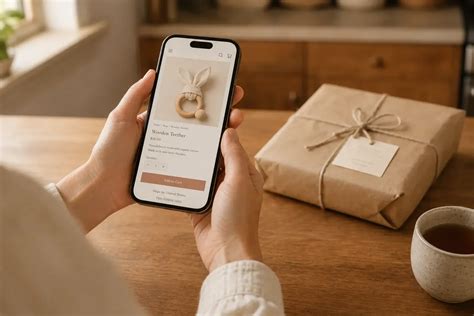 A parcel wrapped in brown paper and tied with string on a coffee table. A phone screen showing order details is visible, held in the hands of a person sitting just out of view.